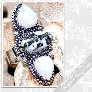 White Buffalo Turquoise, Moonstone Large Silver Artisan Ring Size 9 White, Black